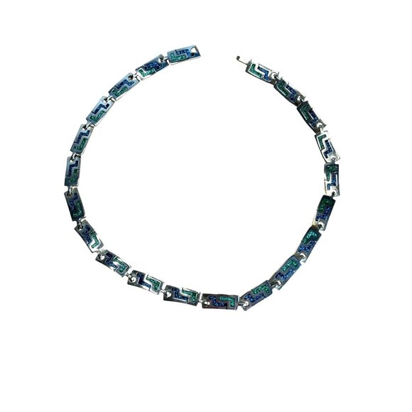 Vintage Mexico Alpaca Silvertone Greek Key Turquoise Inlay Link Necklace 16 3/4" - Picture 2 of 8
